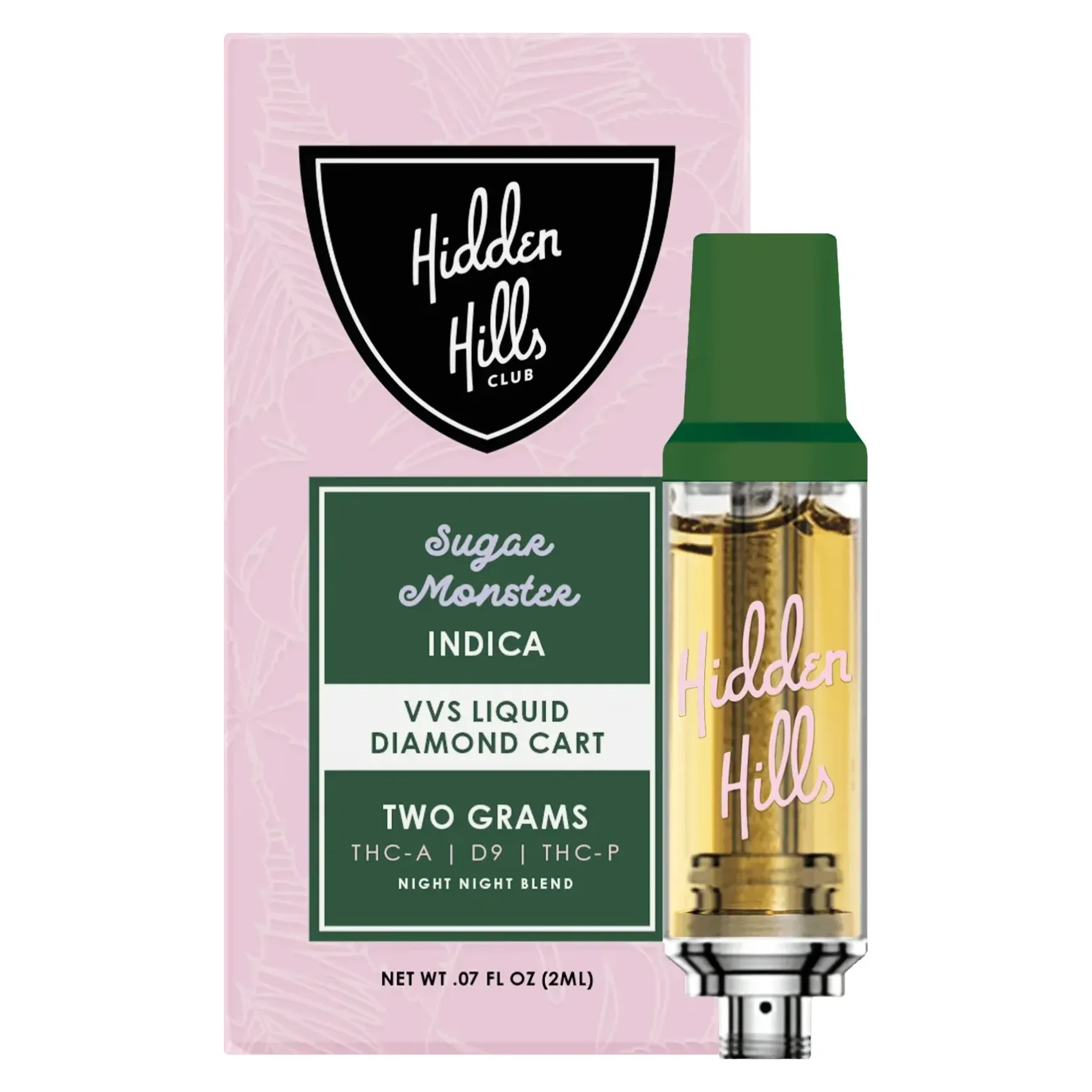 Hidden Hills Sugar Monster Cartucho de Wax 2G | Indica 1 Cartucho de wax indica Hidden Hills Sugar Monster 2G con su caja rosada VVS Liquid Diamond - Ecuador