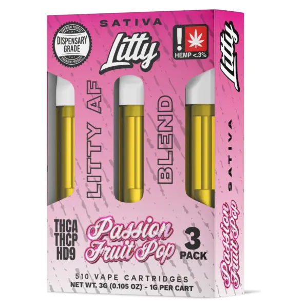 Caja Litty AF Blend 3 Pack Passion Fruit Pop sativa con tres cartuchos de 1G rosca 510 - Ecuador