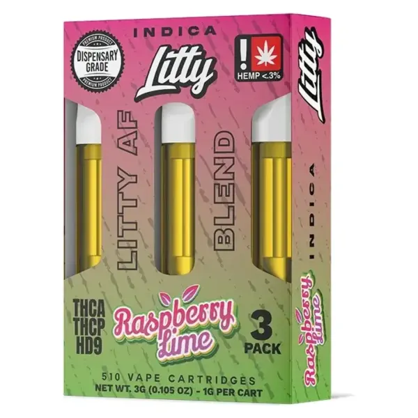 Caja Litty AF Blend 3 Pack Raspberry Lime índica con tres cartuchos de 1G rosca 510 - Ecuador