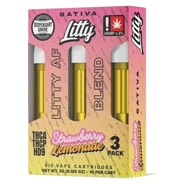 Caja Litty AF Blend 3 Pack Strawberry Lemonade sativa con tres cartuchos de 1G rosca 510 - Ecuador