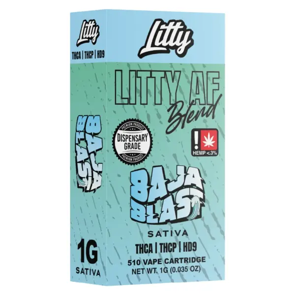Cartucho Litty AF Blend 1G Baja Blast sativa con su caja celeste, rosca 510 - Ecuador