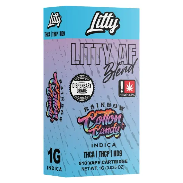 Cartucho Litty AF Blend 1G Rainbow Cotton Candy índica con su caja lila, rosca 510 - Ecuador