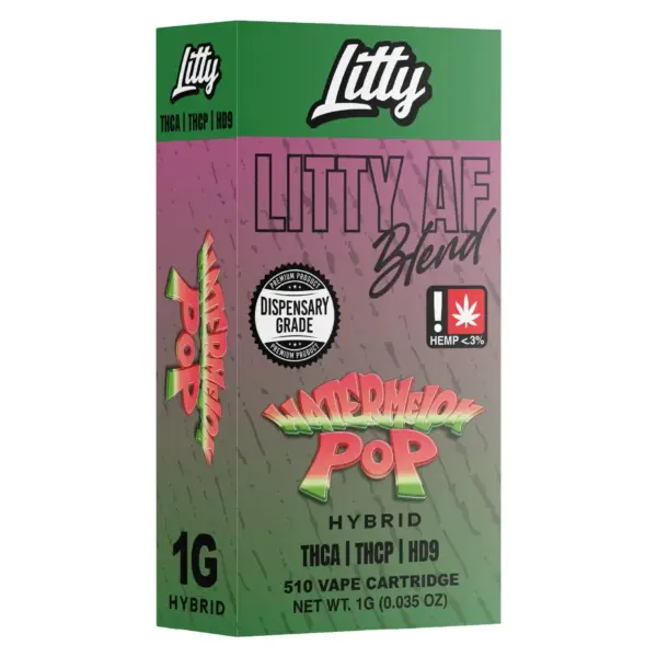 Cartucho Litty AF Blend 1G Watermelon Pop híbrido con su caja verde, rosca 510 - Ecuador