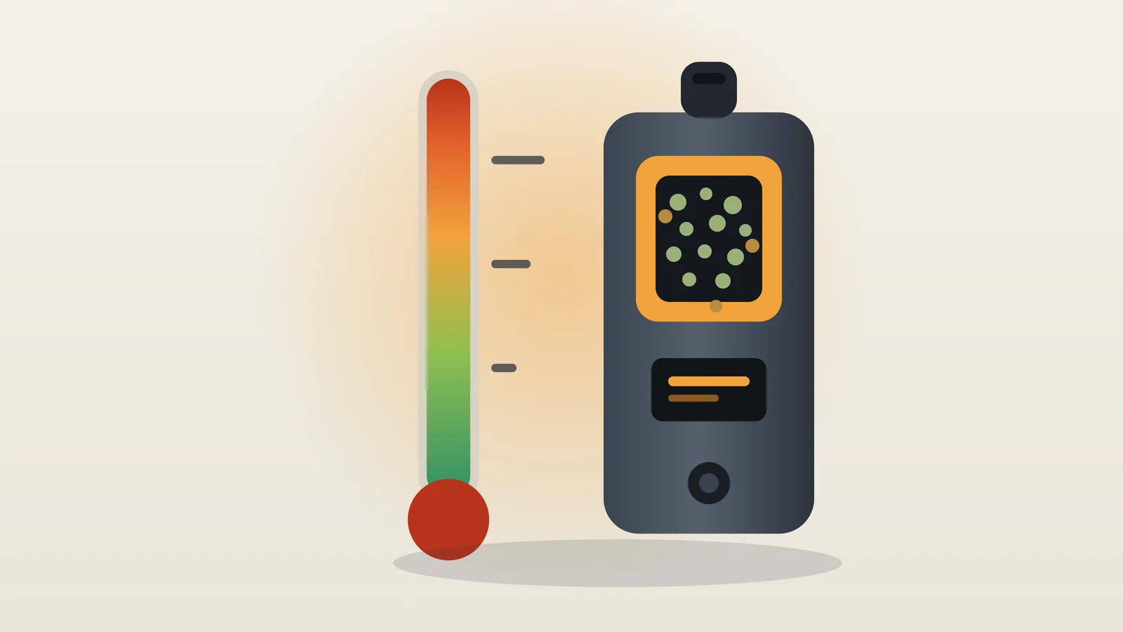 Escala de temperatura en degradado junto a un vaporizador de hierba seca con la camara tibia y la carga molida