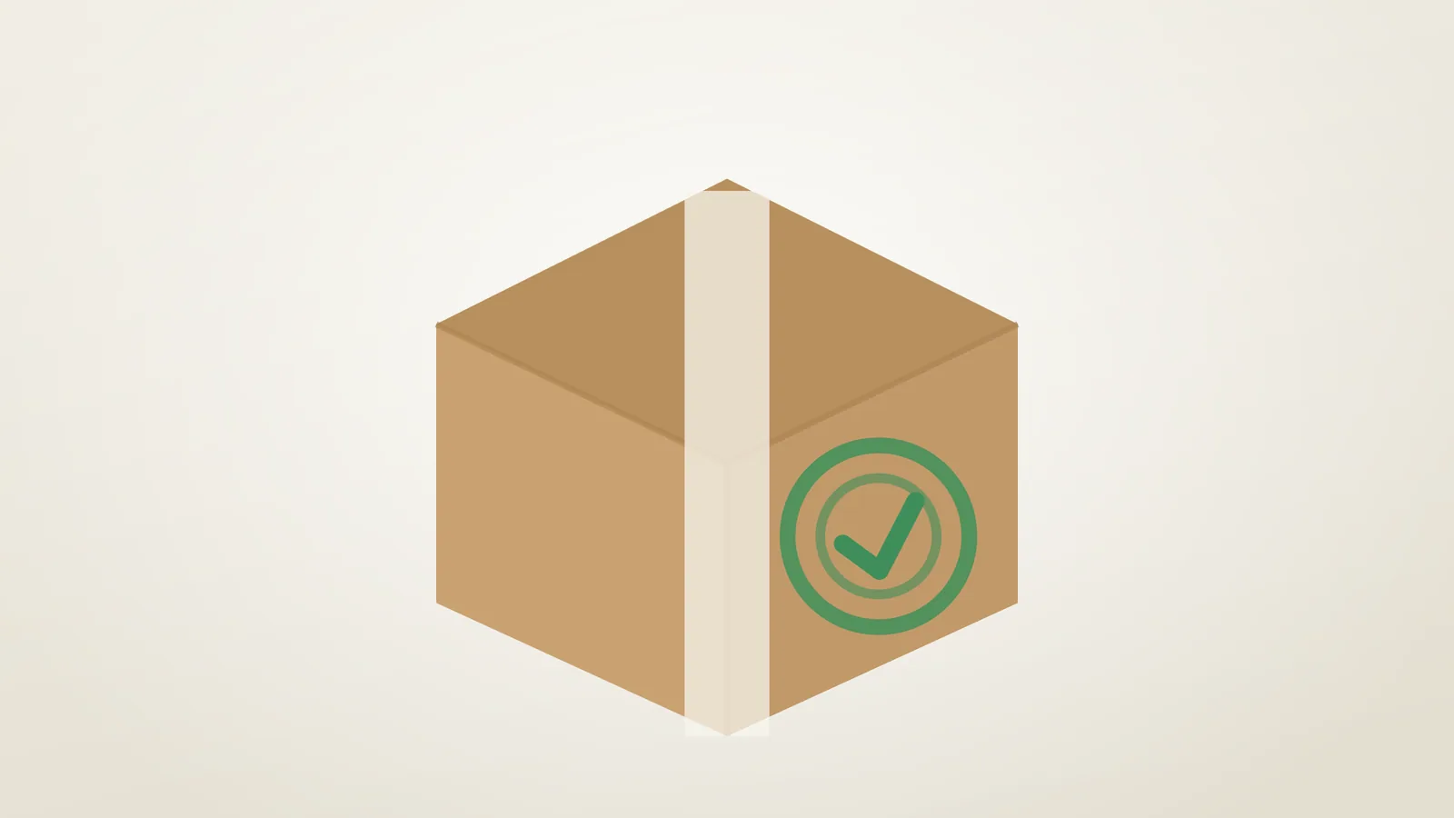 Caja de cartón precintada con un sello circular de visto bueno, sobre fondo neutro