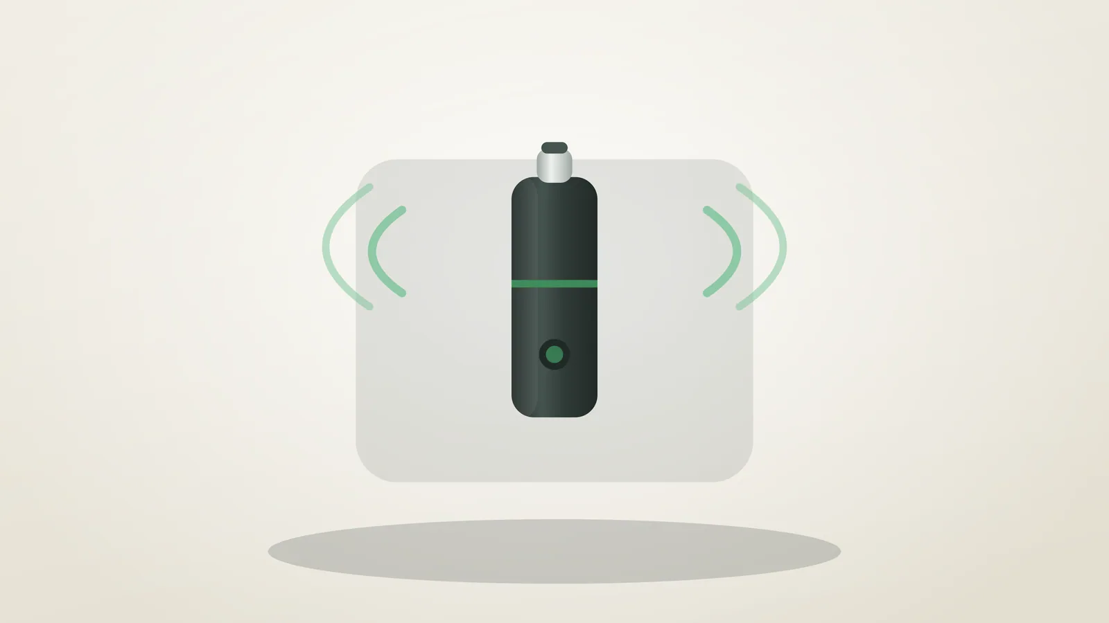 Vaporizador de hierba seca de bolsillo junto a la silueta de un bolsillo, con ondas suaves de aire