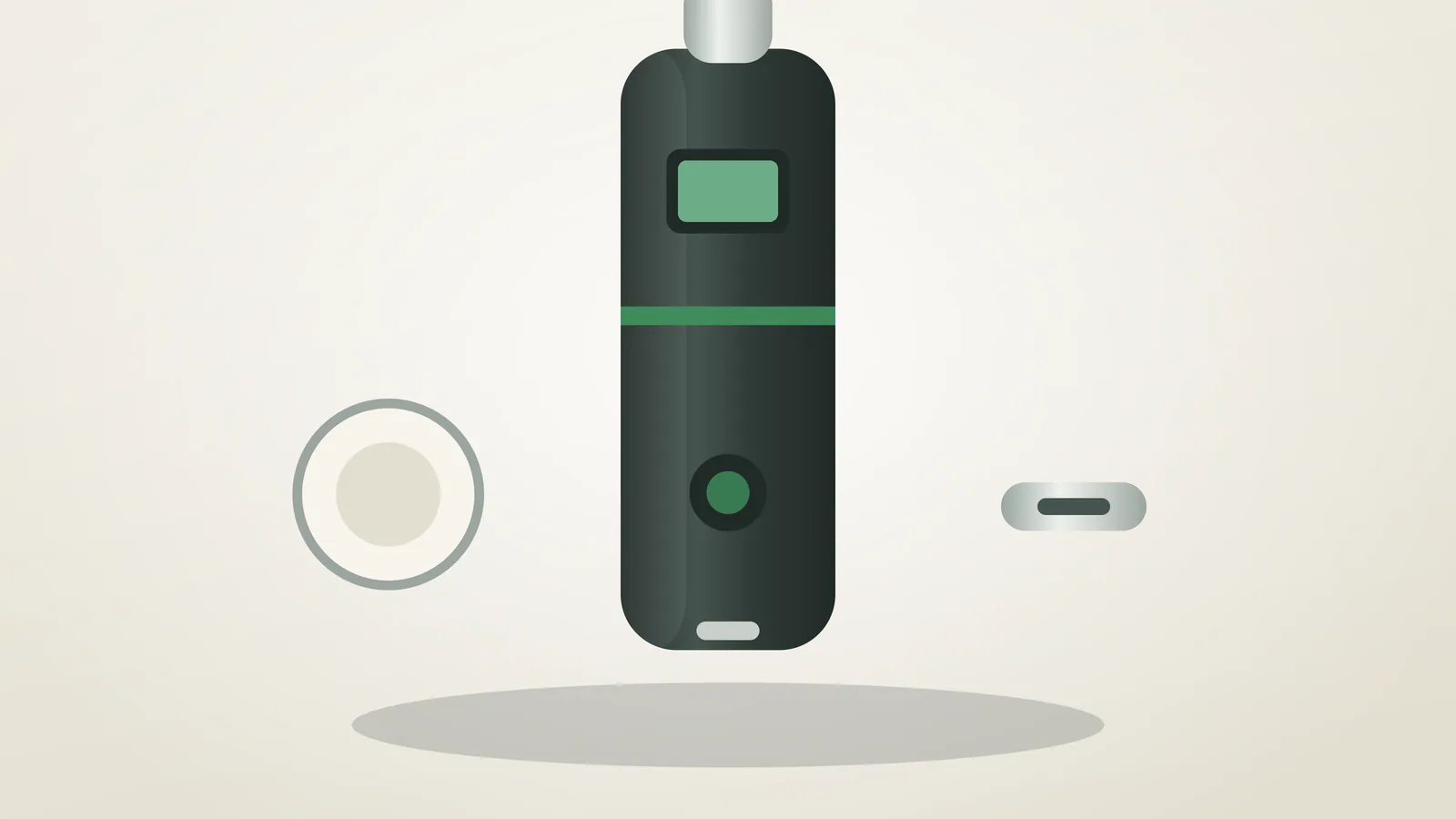 Vaporizador de hierba seca con pantalla y puerto USB-C, junto a una camara de ceramica y un conector sueltos