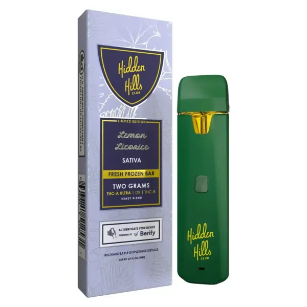 Wax vape desechable Hidden Hills Lemon Licorice 2G sativa con su caja Heady Blend Fresh Frozen - Ecuador